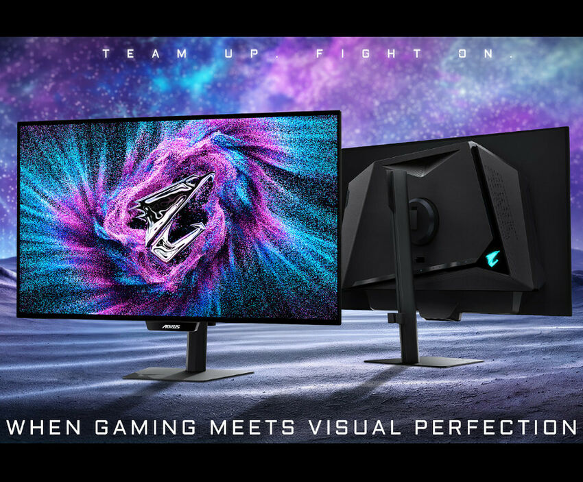 Écran de PC gamer ASUS avec un fond d'écran abstrait coloré, présenté de face et de dos.