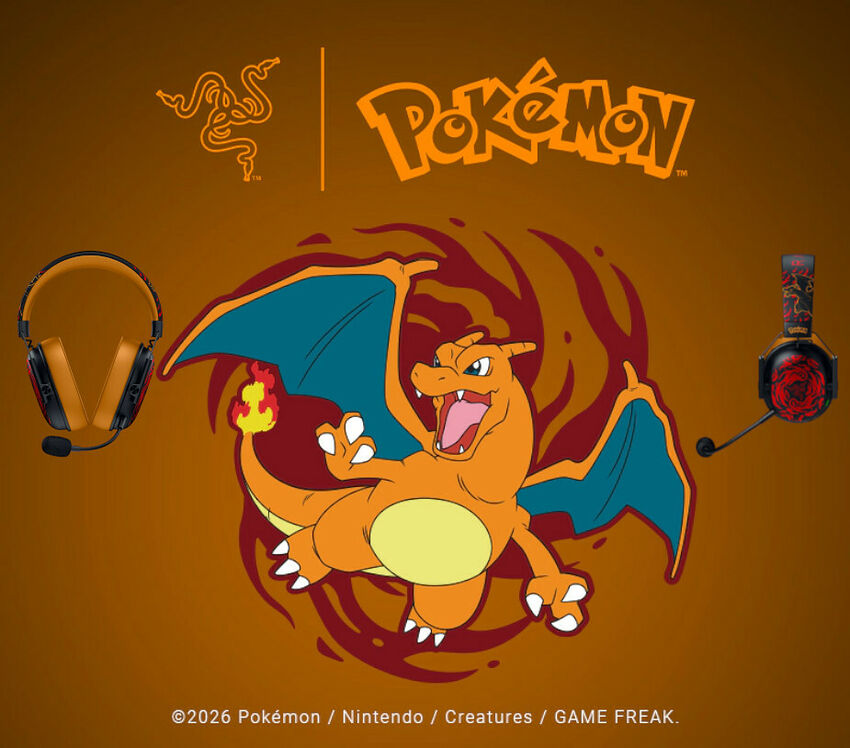Illustration montrant le logo Razer et Pokémon avec le personnage Dracaufeu au centre, entouré de deux casques audio Razer.