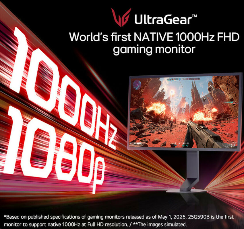 Écran de gaming LG UltraGear affichant un jeu de tir à la première personne, mettant en avant un taux de rafraîchissement de 1000Hz et une résolution 1080p.