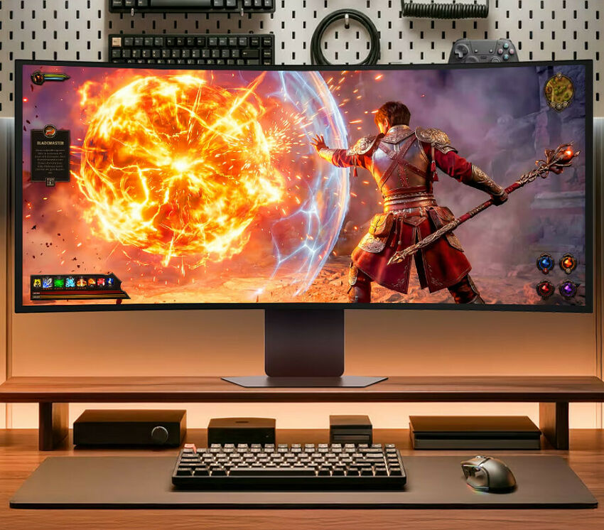 Écran incurvé affichant un jeu vidéo d'action avec un personnage lançant une boule de feu, posé sur un bureau avec un clavier et une souris.