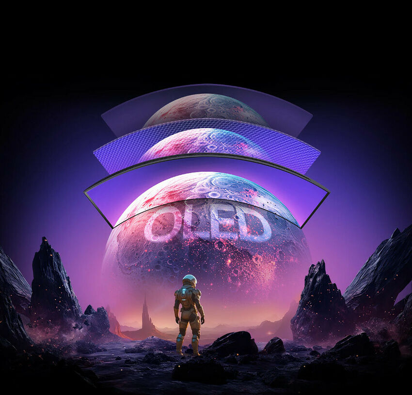 Illustration d'un astronaute contemplant une planète géante avec le mot "OLED" inscrit en grand, entourée de couches technologiques stylisées dans un paysage spatial.