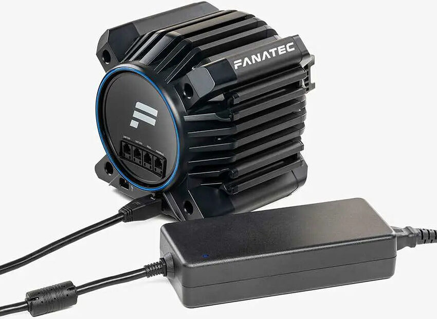 Base de retour de force Fanatec noire avec son bloc d'alimentation externe.